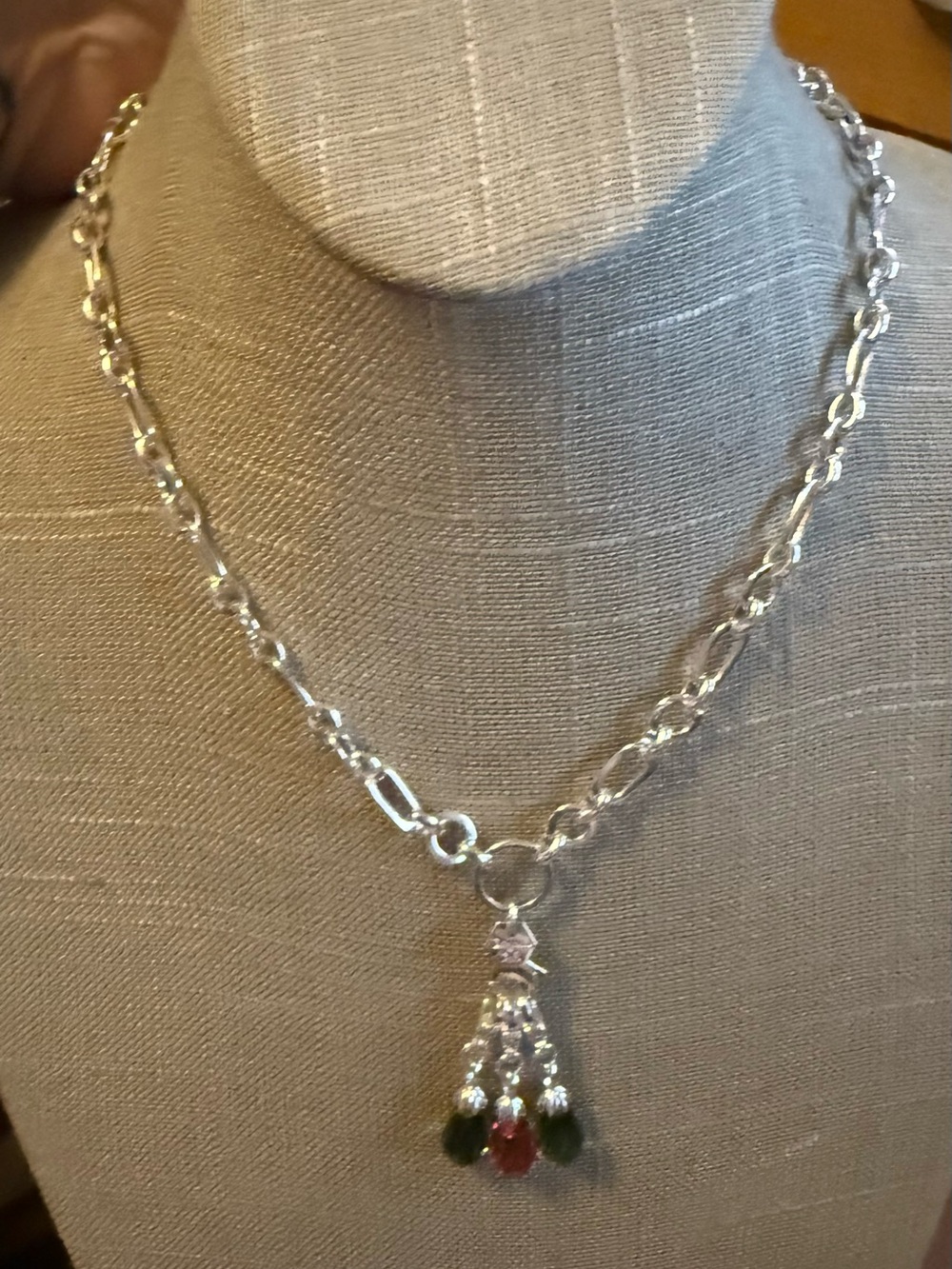 Origami Owl Silver Chain Necklace with Red and Green Gem Charms